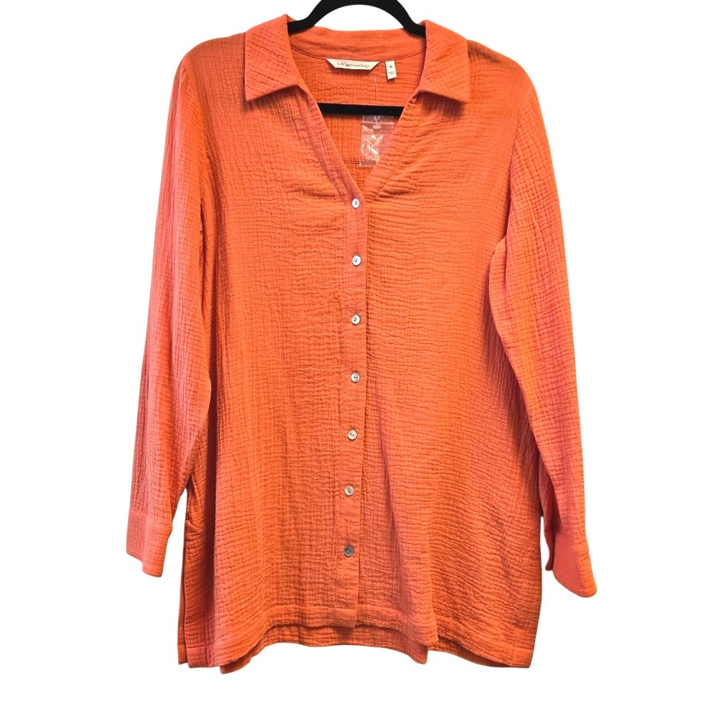 Soft Surroundings Orange Cotton Double‎ Gauze Button Down Tunic Shirt M Coastal